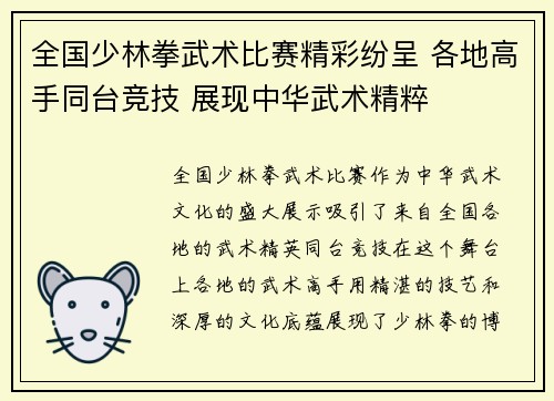 全国少林拳武术比赛精彩纷呈 各地高手同台竞技 展现中华武术精粹