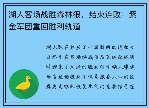 湖人客场战胜森林狼，结束连败：紫金军团重回胜利轨道