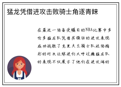 猛龙凭借进攻击败骑士角逐青睐
